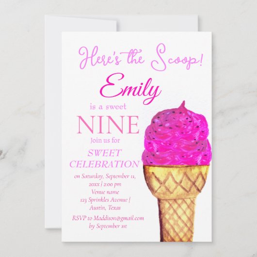 Ice Cream 9e Verjaardags Meisje Roze Waterverf Kaart (Voorkant)
