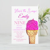 Ice Cream 9e Verjaardags Meisje Roze Waterverf Kaart (Staand voorkant)