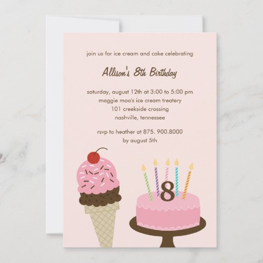 Ice Cream and Cake Birthday Invitation - Roze Kaart (Voorkant)