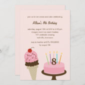 Ice Cream and Cake Birthday Invitation - Roze Kaart (Voorkant / Achterkant)