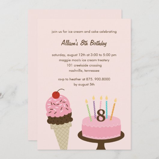 Ice Cream and Cake Birthday Invitation - Roze Kaart (Voorkant / Achterkant)