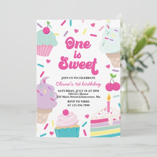 Ice Cream and Cake een is Sweet 1st Verjaardag Kaart (Staand voorkant)