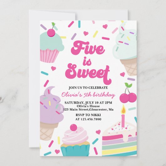 Ice Cream and Cake Five is Sweet 5th Birthday Kaart (Voorkant)