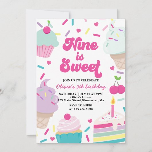 Ice Cream and Cake Nine is Sweet 9th Birthday Kaart (Voorkant)