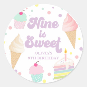 Ice Cream and Cake Nine is Sweet 9th Birthday Ronde Sticker