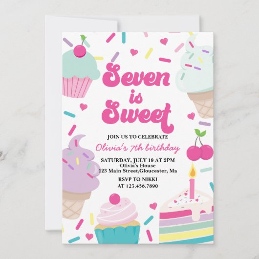 Ice Cream and Cake Seven is Sweet 7th Verjaardag Kaart (Voorkant)