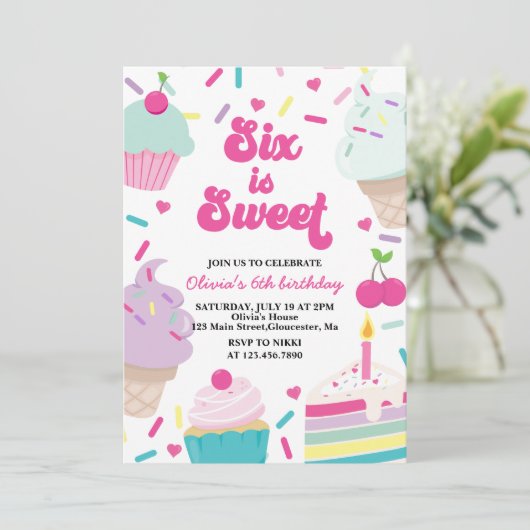 Ice Cream and Cake Six is Sweet 6th Verjaardag Kaart (Staand voorkant)