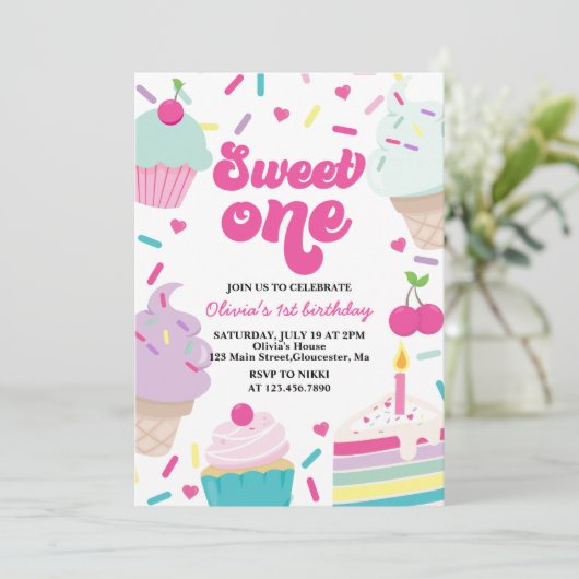 Ice Cream and Cake Sweet Een 1e Verjaardag Kaart (Staand voorkant)