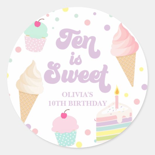 Ice Cream and Cake Ten is Sweet 10th Birthday Ronde Sticker (Voorkant)