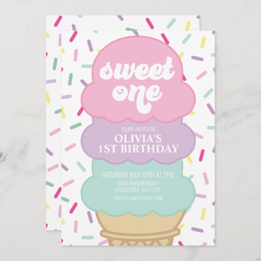 Ice Cream and Sprinkles Sweet One 1e verjaardag In Kaart (Voorkant / Achterkant)