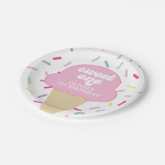 Ice Cream and Sprinkles Sweet One 1st Birthday Pap Papieren Bordje (Gekanteld)