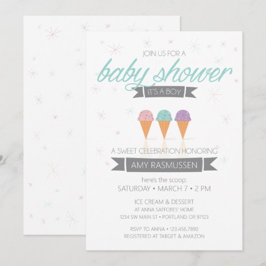 Ice Cream Baby shower Invitation - Het is een jong Kaart (Voorkant / Achterkant)