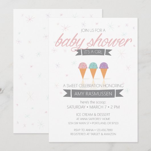 Ice Cream Baby shower Invitation - Het is een meis Kaart (Voorkant / Achterkant)
