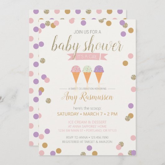 Ice Cream Baby shower Invitation - Het is een meis Kaart (Voorkant / Achterkant)