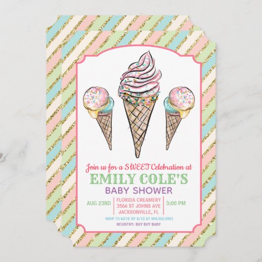 Ice Cream Baby shower Invitation Kaart (Voorkant / Achterkant)