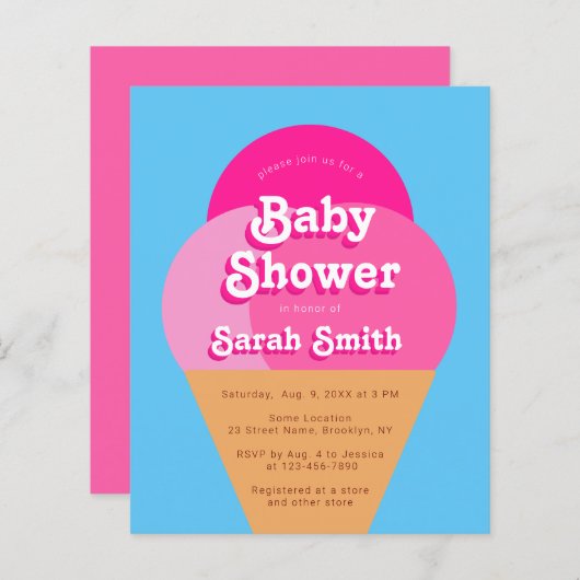 Ice Cream Baby shower Pink Cone Budget Invitation (Voorkant / Achterkant)