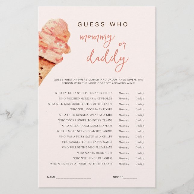 Ice Cream Baby shower Raad eens wie spel (Voorkant)