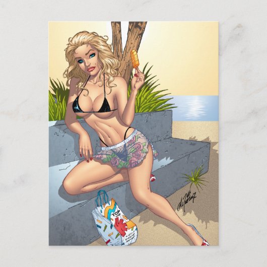 Ice Cream Bikini Girl Pin-up Art van Al Rio Briefkaart (Voorkant)