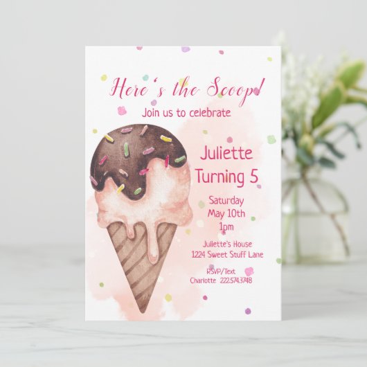 Ice Cream Birthday Invitation, 5e verjaardag Kaart (Staand voorkant)