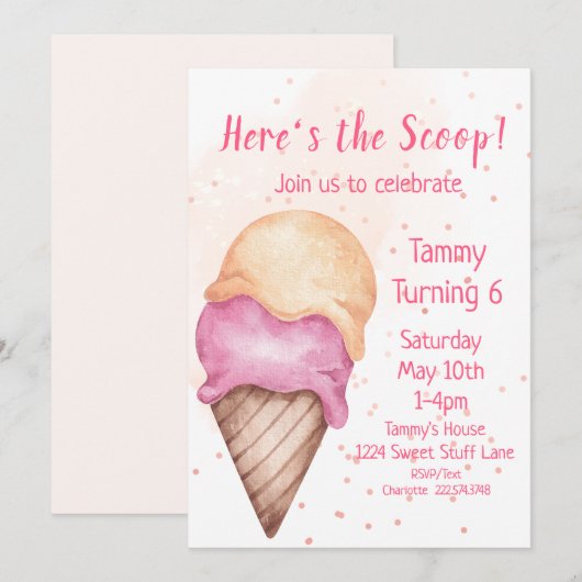 Ice Cream Birthday Invitation, 6e verjaardag Kaart (Voorkant / Achterkant)
