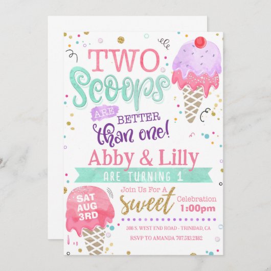 Ice Cream Birthday Invitation - Twins Two Scoops Kaart (Voorkant / Achterkant)