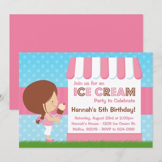 Ice Cream Birthday Party Brown Hair Kaart (Voorkant / Achterkant)