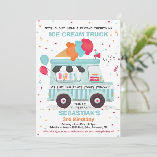 Ice Cream Birthday Party Drive beroemd gemaakt doo Kaart (Staand voorkant)