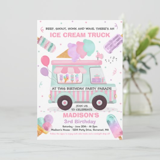 Ice Cream Birthday Party Drive beroemd gemaakt doo Kaart (Staand voorkant)