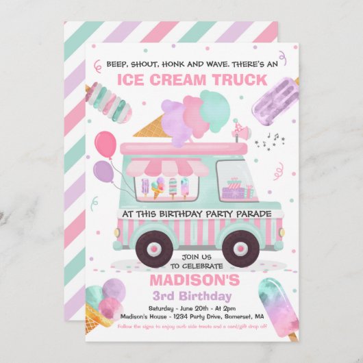 Ice Cream Birthday Party Drive beroemd gemaakt doo Kaart (Voorkant / Achterkant)