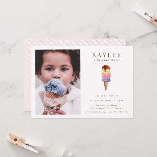 Ice Cream Birthday Party - Fotouitnodiging Kaart (Voorkant / Achterkant in situ)