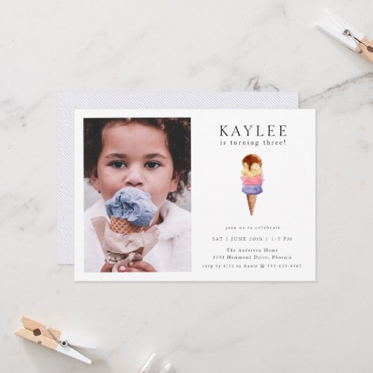 Ice Cream Birthday Party - Fotouitnodiging Kaart (Voorkant / Achterkant in situ)