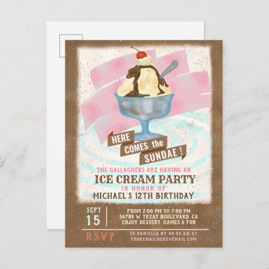 Ice Cream Birthday Party | Hier komt de Sundae Uitnodiging Briefkaart (Voorkant / Achterkant)