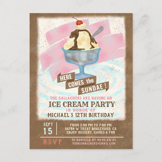 Ice Cream Birthday Party | Hier komt de Sundae Uitnodiging Briefkaart (Voorkant)