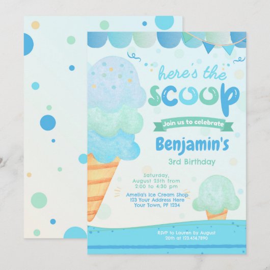 Ice Cream Birthday Party Invitation Kaart (Voorkant / Achterkant)