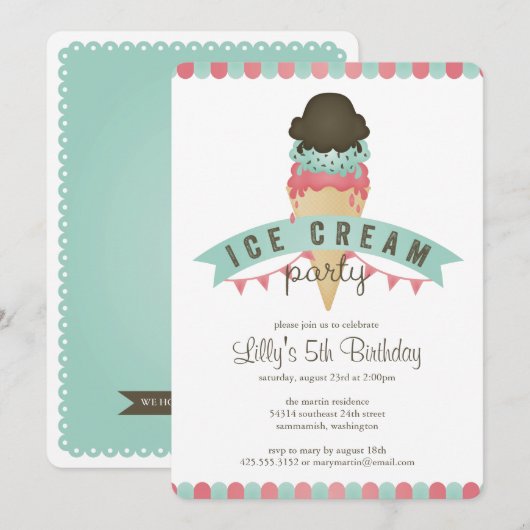 Ice Cream Birthday Party Invitation Kaart (Voorkant / Achterkant)