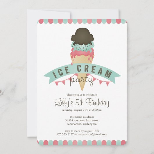 Ice Cream Birthday Party Invitation Kaart (Voorkant)