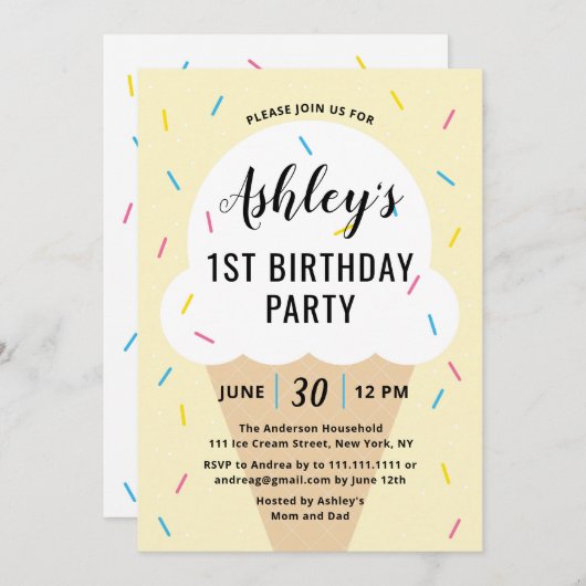 Ice Cream Birthday Party Invitation Kaart (Voorkant / Achterkant)