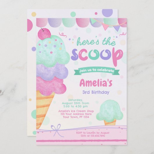 Ice Cream Birthday Party Invitation Kaart (Voorkant / Achterkant)