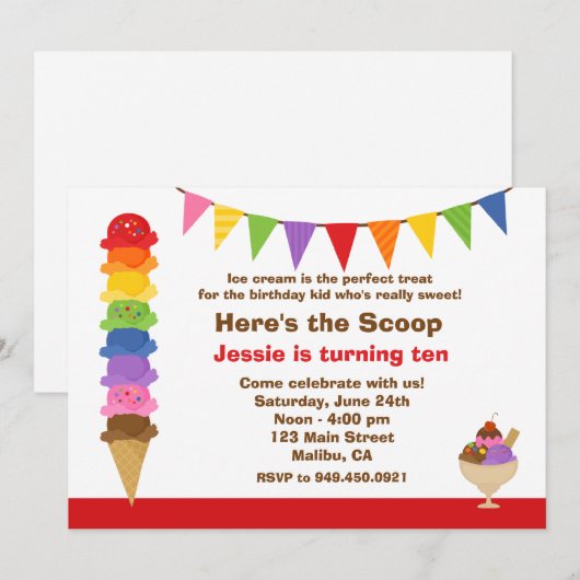 Ice Cream Birthday Party Invitation Kaart (Voorkant / Achterkant)