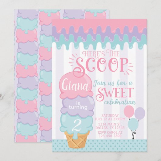 Ice Cream Birthday Party Invitation Snow Cone Kaart (Voorkant / Achterkant)