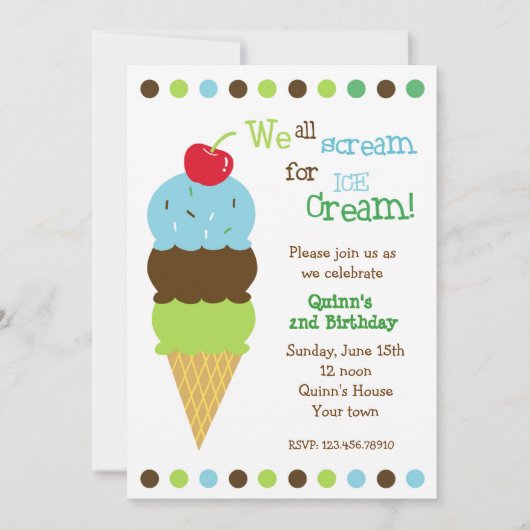Ice Cream Birthday Party Invitations Boys Kaart (Voorkant)