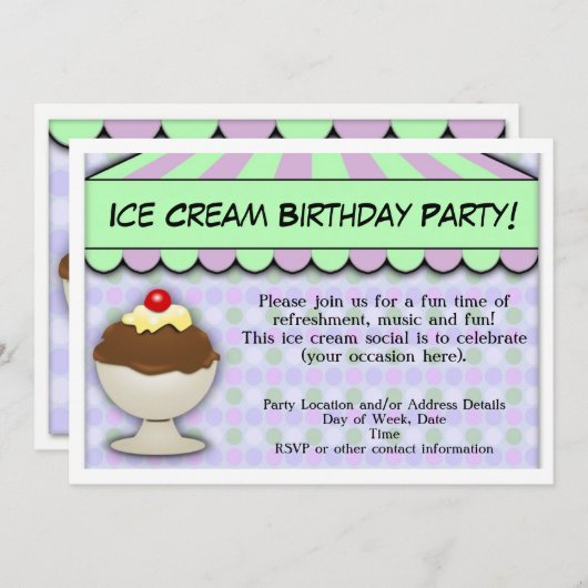 Ice Cream Birthday Party, pastel Awning Sundae Kaart (Voorkant / Achterkant)