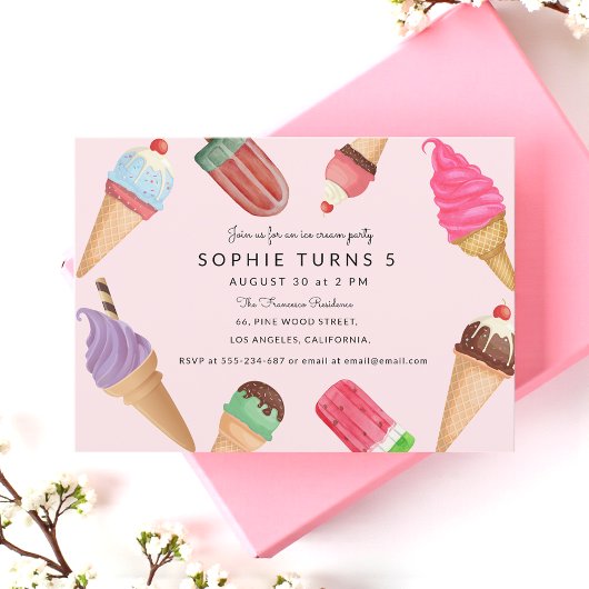 Ice Cream Birthday Pink Summer Party Kaart