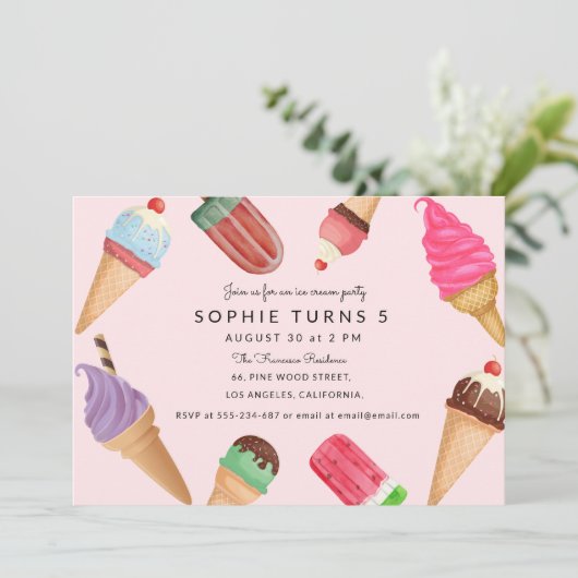 Ice Cream Birthday Pink Summer Party Kaart (Staand voorkant)