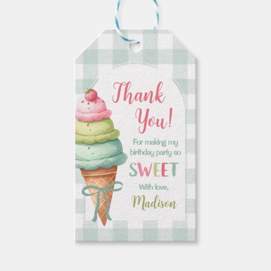 Ice Cream Blue Bow Gingham Birthday Party Cadeaulabel (Voorkant)