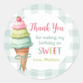 Ice Cream Blue Bow Gingham Birthday Party Ronde Sticker (Voorkant)
