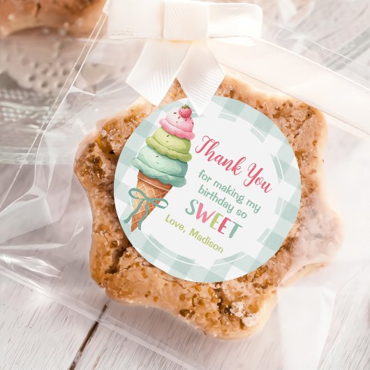 Ice Cream Blue Bow Gingham Birthday Party Ronde Sticker