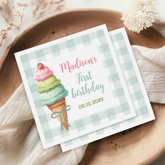 Ice Cream Blue Bow Gingham Birthday Party Servet