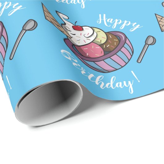 Ice Cream Bowl Blue Birthday Wrapping Paper Cadeaupapier (Rol Hoek)