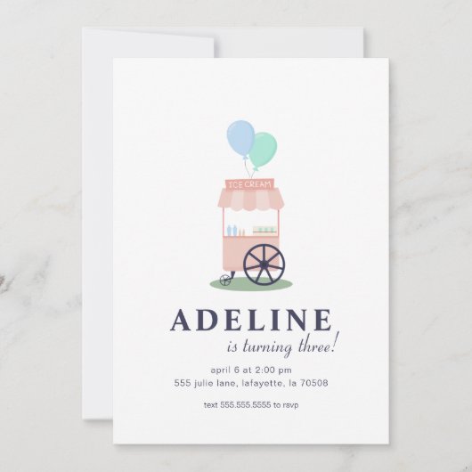 Ice Cream Cart Birthday Party Invitation Kaart (Voorkant)